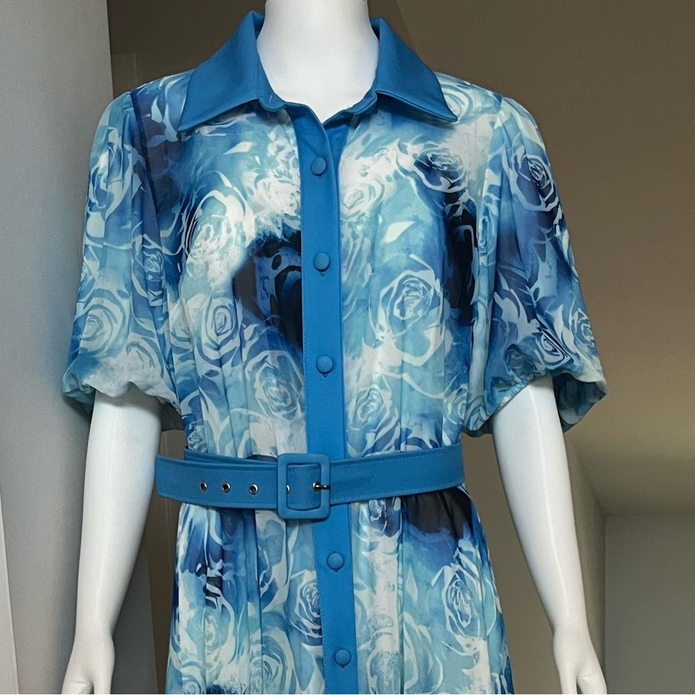 Floral Blue and White Belted gorgeous long  Dress